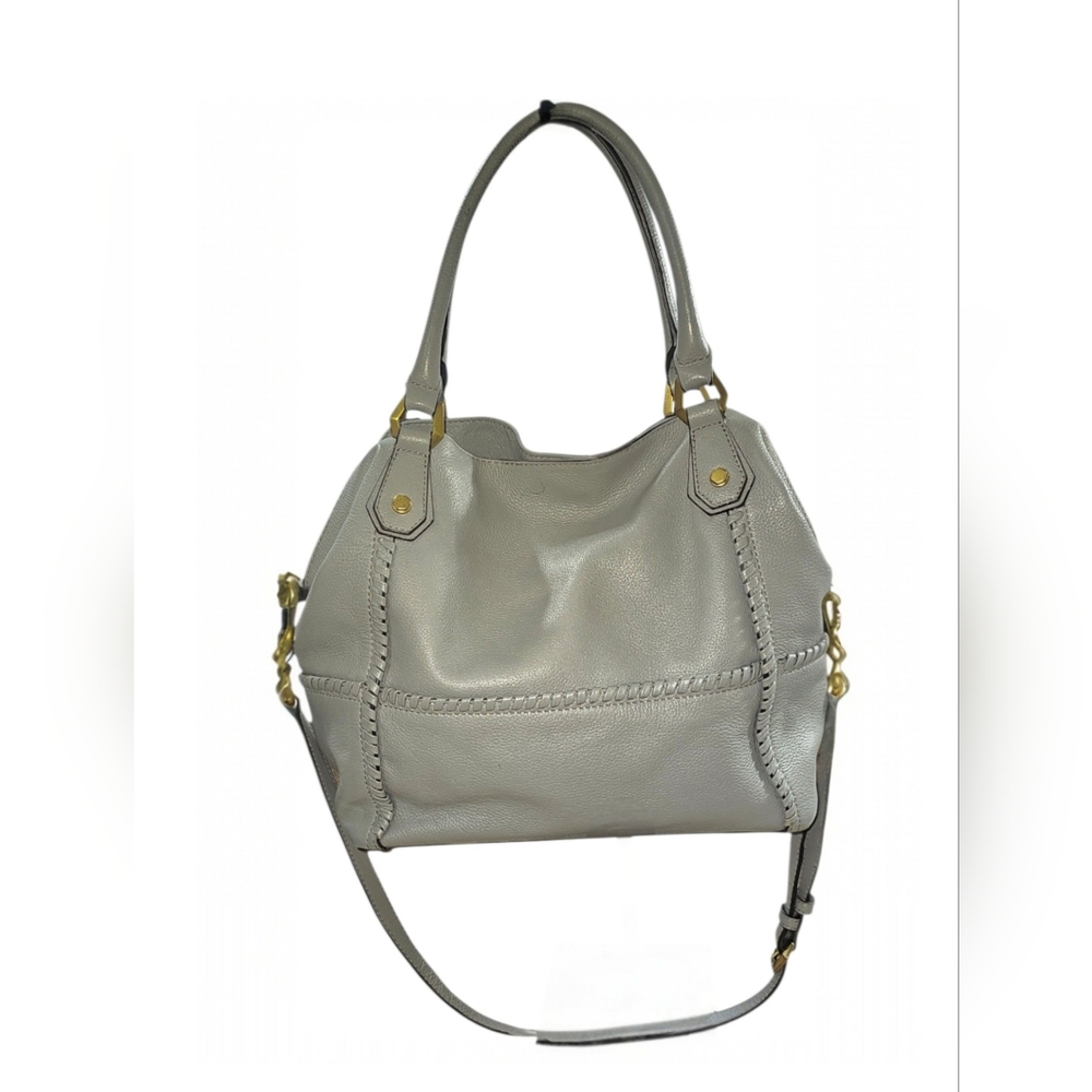 Oryany Gray Pebbled Leather Bucket Satchel Crossbody | Whipstitch Detail | EUC - Picture 3 of 12